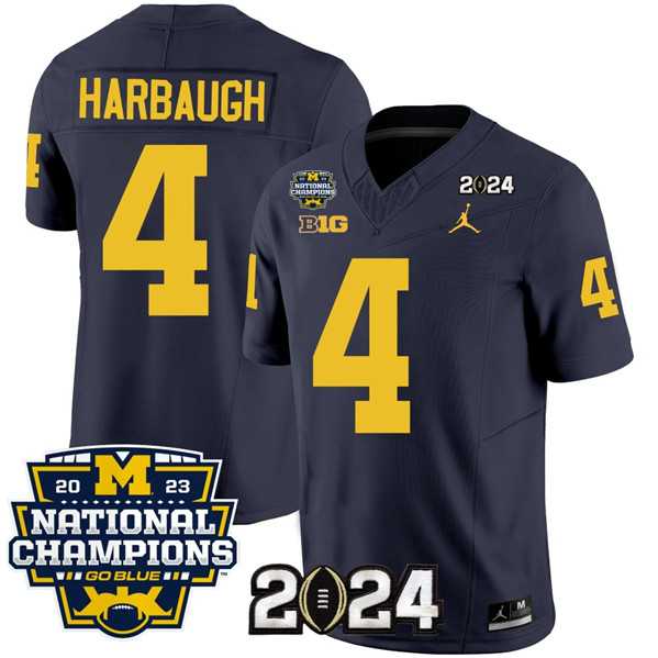 Mens Michigan Wolverines #4 Jim Harbaugh Navy 2024 F.U.S.E. With 2023 National Champions Patch Stitched Jersey->->NCAA Jersey